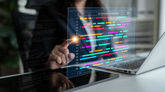 A modern workspace showcasing a digital coding interface with an AI assistant. A hand interacts with a vibrant, transparent screen, symbolizing innovation and productivity in technology. Cyphers