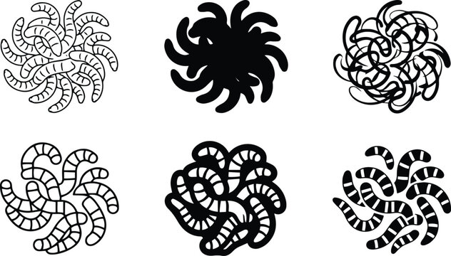 Worm parasite larva infestation icon collection showing curly maggot cluster biological soil contamination fishing bait crawling organism and veterinary health template