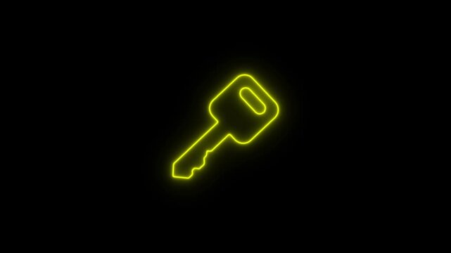 Yellow  Glowing Neon Key Icon Animation on Black Background &ndash; Cyber Security Access Concept