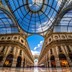 Obraz premium Grand historic railway station interior with arched glass ceiling.