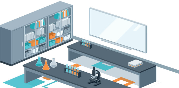 Isometric science laboratory interior vector illustration featuring microscope flasks test tubes and whiteboard