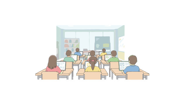 Students working on laptops at desks in classroom environment with blurred educational screen for remote learning or digital school training concept.