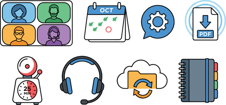 Online learning and remote work vector icon set featuring video conference calendar and timer