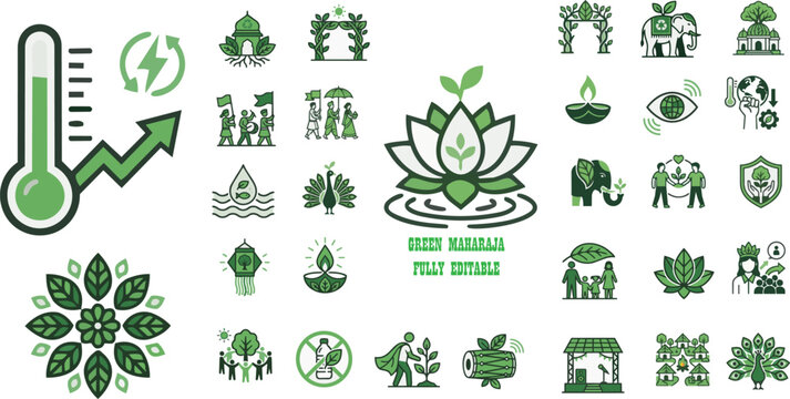 Eco green sustainability and environmental protection icon set for climate change awareness and nature conservation