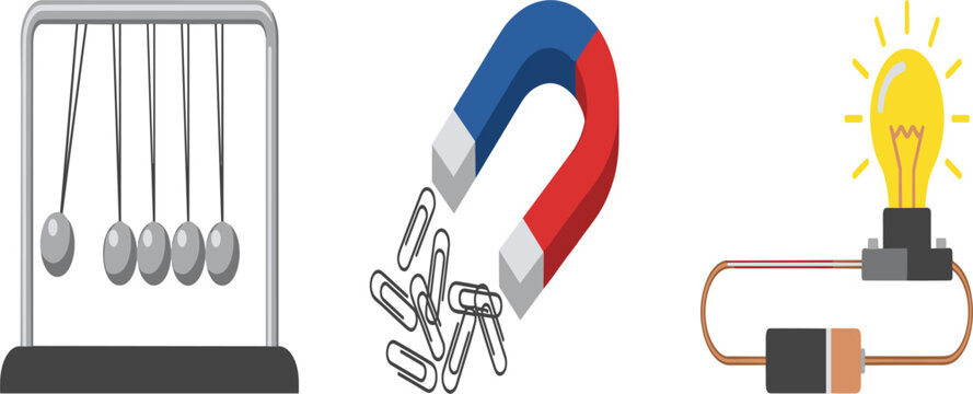 Physics education vector icon set featuring Newtons cradle horseshoe magnet and simple electric circuit