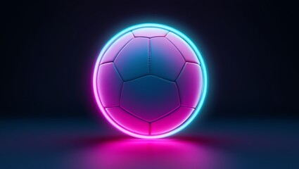 Naklejka premium Soccer ball with glowing neon pink and blue light rings on a dark background for modern sports concept design
