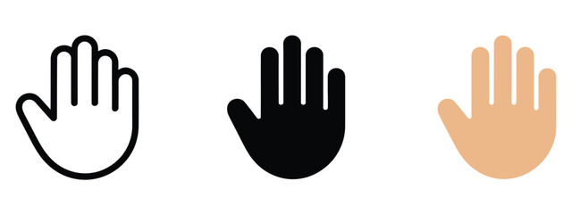Fototapeta premium Open Hand and Palm Icon Representing Stop Gesture Symbol, Safety Warning Sign, Pause Instruction, and Access Restriction Hand Signal, vector design