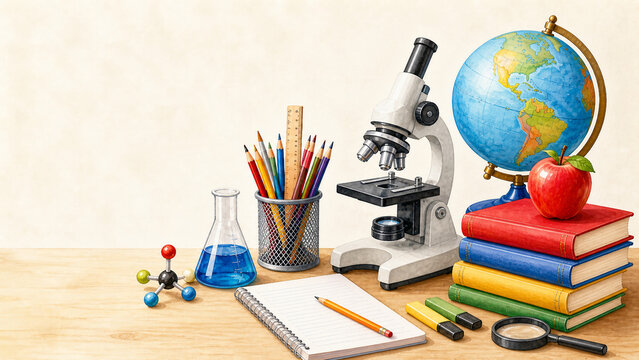 Watercolor school and science still life with microscope, globe, books, pencils, notebook and lab flask on a wooden desk with copy space.