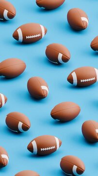 3D Animation of American Football Balls Rolling on Blue Background, Seamless Vertical Pattern Loop