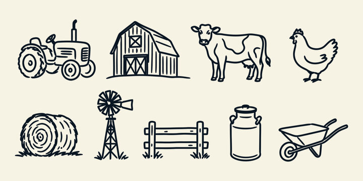 farm elements and agriculture doodle icon set with tractor barn cow chicken hay bale windmill milk can and wheelbarrow vector illustration