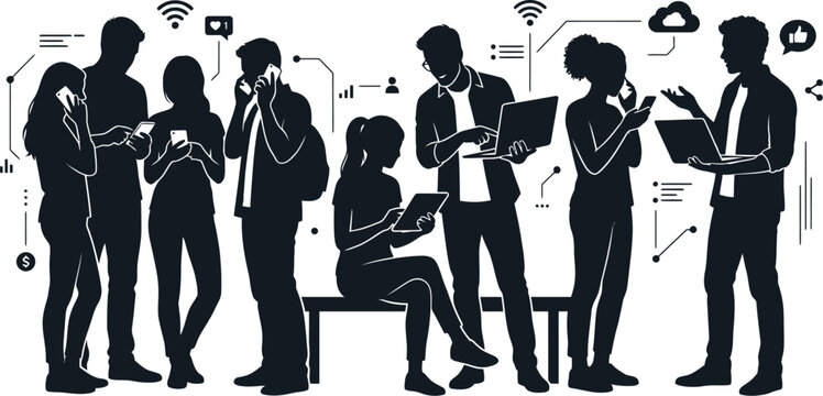 Connected people silhouettes using mobile devices and social media with wifi signals on a white background representing modern communication