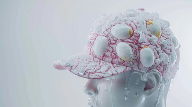 Baseball cap with cold borscht print and frost on a mannequin showcasing eggs and cucumbers