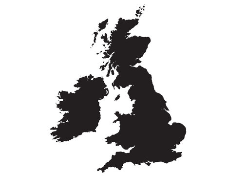 United Kingdom map silhouette, black vector outline of Great Britain and Ireland, accurate geographic shape for political and travel design