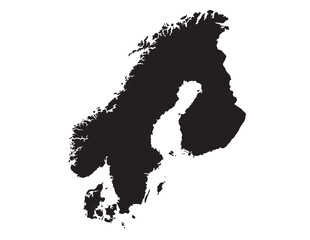 Black silhouette map of Scandinavia, Nordic region geographic outline, Northern European country borders, vector illustration for travel and education. © Prodeep