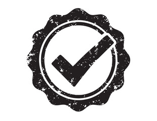 Distressed black grunge check mark icon, vintage rubber stamp style approval symbol, textured vector graphic element for quality assurance and verification © Prodeep
