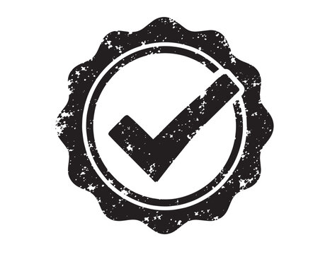 Distressed black grunge check mark icon, vintage rubber stamp style approval symbol, textured vector graphic element for quality assurance and verification