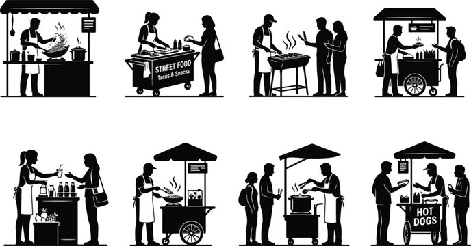 Street food vendors cooking and serving customers at outdoor market stalls silhouette vector set
