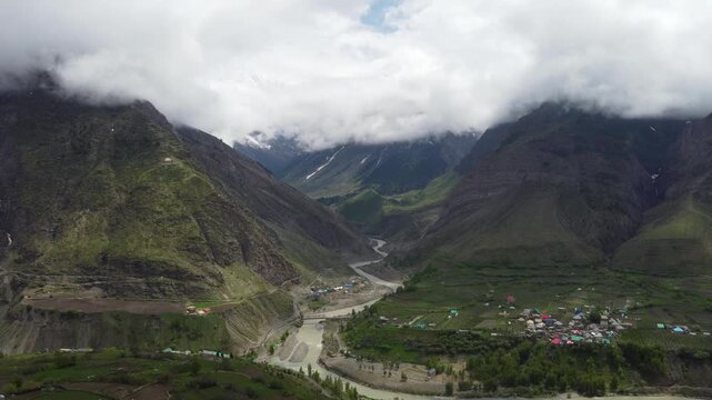 Drone Flight Over Dramatic Himalayan Valley and Mountain Scenery
