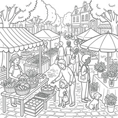 Fototapeta premium Black and white of a farmer's market with vendors and customers buying fresh fruits and vegetables