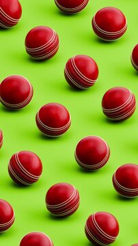 3D Animation of Cricket Balls Rolling on Green Background, Seamless Vertical Pattern Loop