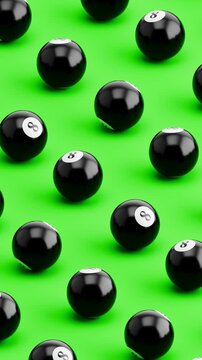 3D Animation of Pool 8 Balls Rolling on Green Background, Seamless Vertical Pattern Loop