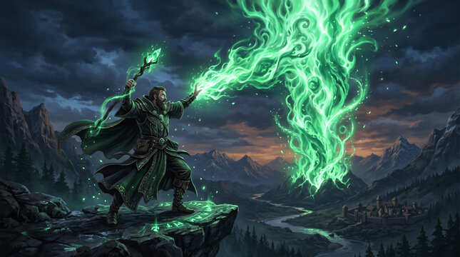 A wizard stands on a rocky ledge while casting green magic into the air