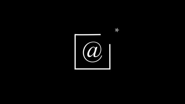 Animated At Symbol Email Icon inside Square Frame with Star on Black Background, Digital Communication and Message Notification Concept, Contact Us and Corporate Email Marketing Motion Graphic