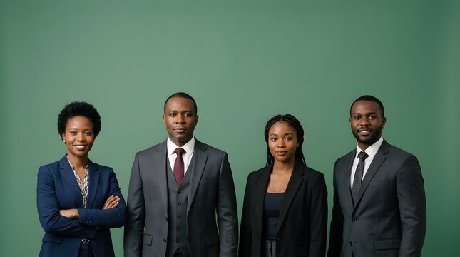Group of two African American men and two African American women business professionals standing together. Corporate team wearing formal suit. Leadership, success and teamwork concept.