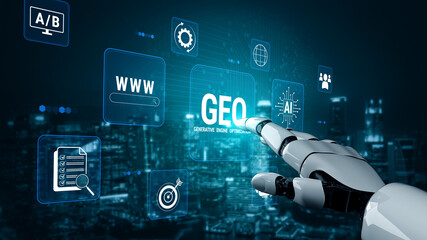 Naklejka premium Futuristic Robotic Hand Interacting with Digital Interface Displaying Geo-Based Engine Optimization Concepts in Modern City Environment. Glyphic.