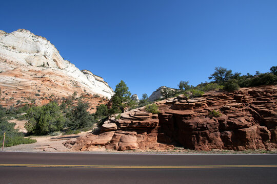 View of Utah State Route 9, the Zion-Mount Carmel Highway, as it passes through Zion National Park