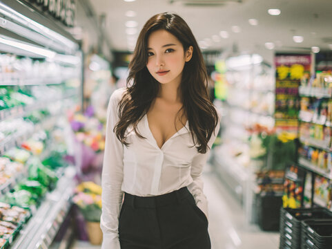 Elegant East Asian young woman in crisp unbuttoned white collared shirt and black tailored trousers stands inside bright supermarket amid colorful fresh flower and lush vegetable aisle backdrop.
