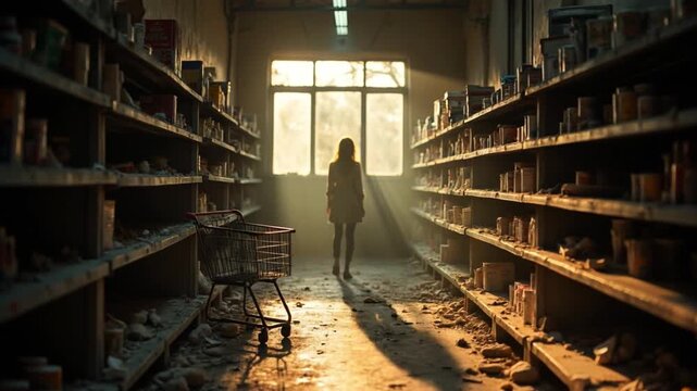 Woman walking in abandoned warehouse with cart