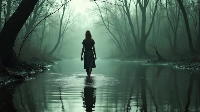 Woman standing in misty river in forest nature