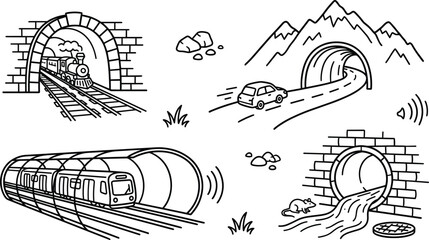 Train steam locomotive car road tunnel and underground subway transit vector outline icon set illustration design © AKTAR