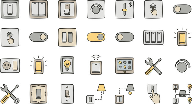 Electrical Light Switch Icons Set Featuring Dimmers Toggles Smart Home Panels Outlets And Repair Tools For Home Automation Vector Illustration