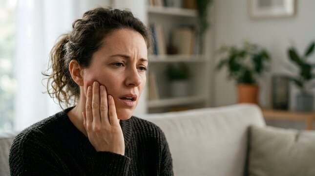 Woman suffering from severe toothache. Caucasian girl touching her cheek experiencing facial or dental pain. Healthcare concept for dental problem, illness and medical treatment at home.