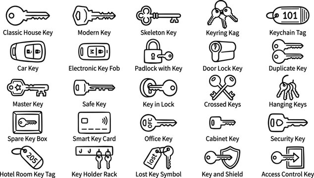 Locksmith And Private Security Key Icons Set Featuring Padlocks Keychains Electronic Fobs Smart Cards And Skeleton Keys For Home Access Control Vector Illustration