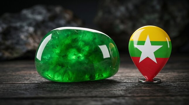 Rare green gemstone from Myanmar displayed next to flag map pin on rustic wooden surface