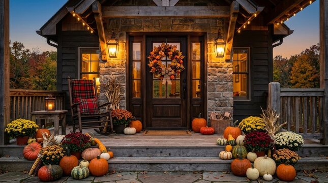 Cozy Rustic Cabin Porch Decorated for Autumn with Pumpkins at Dusk
