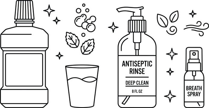 Mouthwash bottle antiseptic rinse pump and fresh breath spray vector outline icon set for oral hygiene design