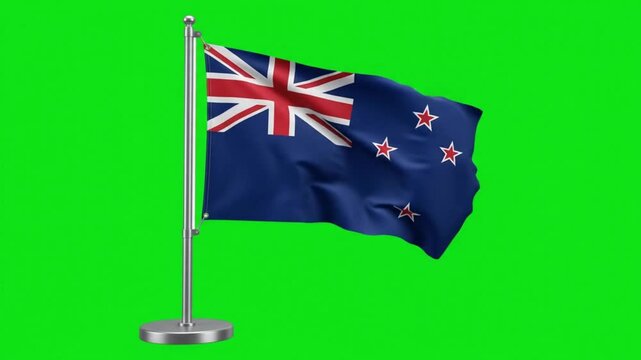 New Zealand National Flag Waving on Desk Pole Stand Against Green Screen Background for Projects