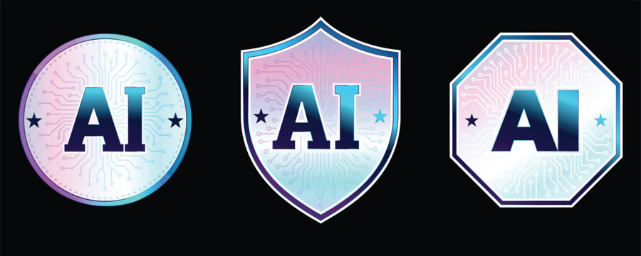Holographic AI Badge Bundle Set Artificial Intelligence Verification Security Emblems Vector