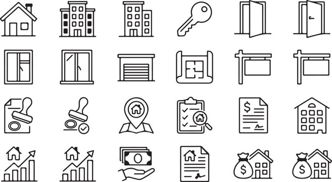 Real estate and property line icons set