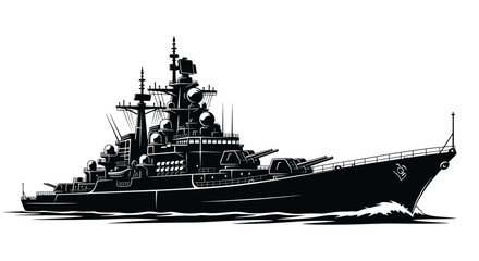 Detailed Battleship Silhouette Against White Background Naval Warfare Illustration © GDSafayet03