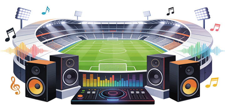 Colorful Football Stadium Concert with DJ Equipment Speakers Sound Wave and Music Notes Vector