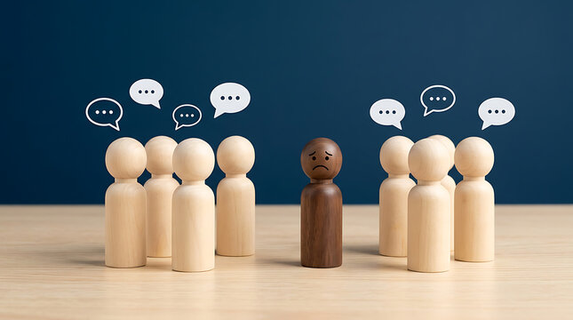 Sad wooden figurine standing alone while light colored pawns talk behind backs concept.
