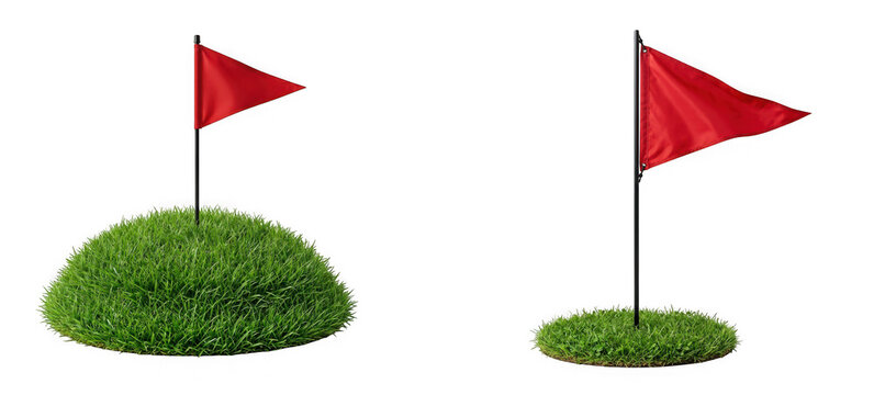 Red golf flags on small patches of green grass isolated on transparent background