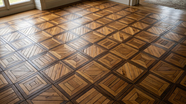 Detailed wooden parquet flooring with light reflections and warm natural wood texture.