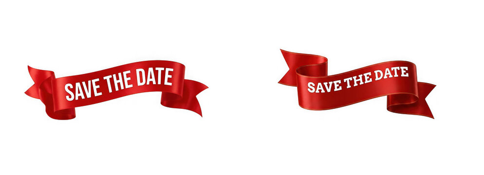 Set of two red ribbon banners with save the date text isolated on transparent background