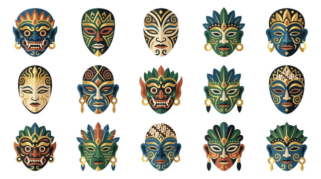 Collection of colorful tribal masks displayed.
